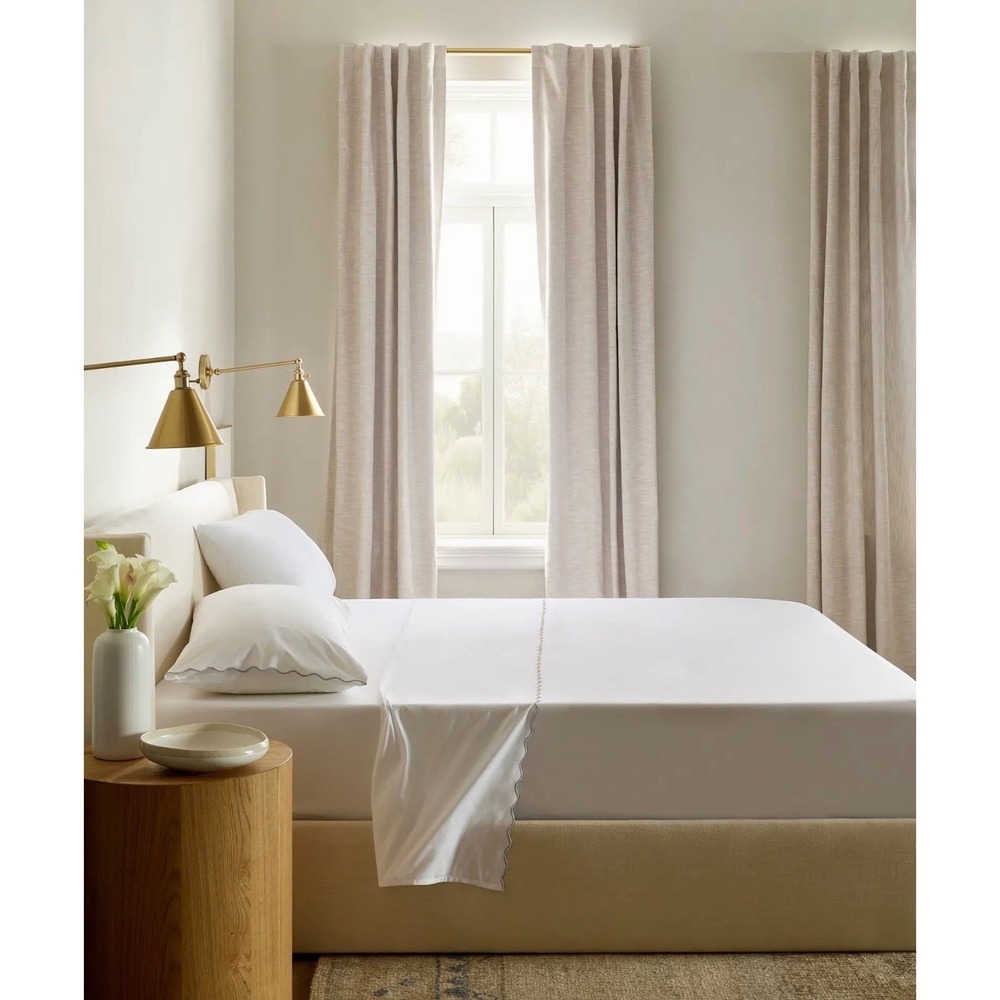 Quince Organic Crisp Percale Scallop Sheet Set Size Full White Dried Sage NWT